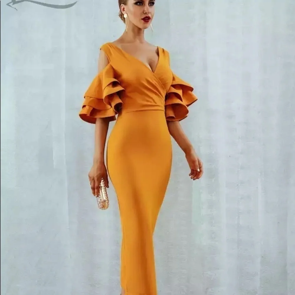 Bodycon Club Dress Sexy Deep V Neck Ruffles Butterfly Short Sleeve Midi size M